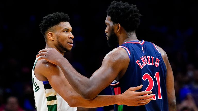 Giannis Antikonmo and Joel Embiid embrace after their teams' confrontation in late March 2023