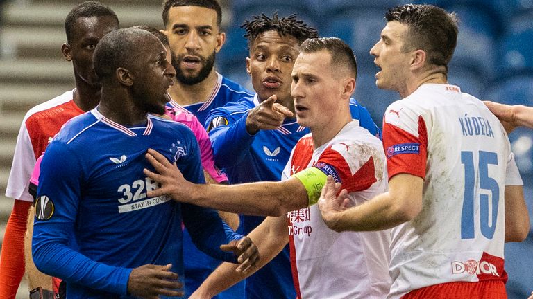 Glasgow, Scotland - March 18: Rangers & # 39;  Glenn Kamara makes an exception for something Ondrij Kudila Slavia said during the second leg of the Europa League round of 16 second leg between Rangers and Slavia Prague at Ibrox on March 18, 2023 in Glasgow, Scotland.  (Photo by Alan Harvey/SNS Group)