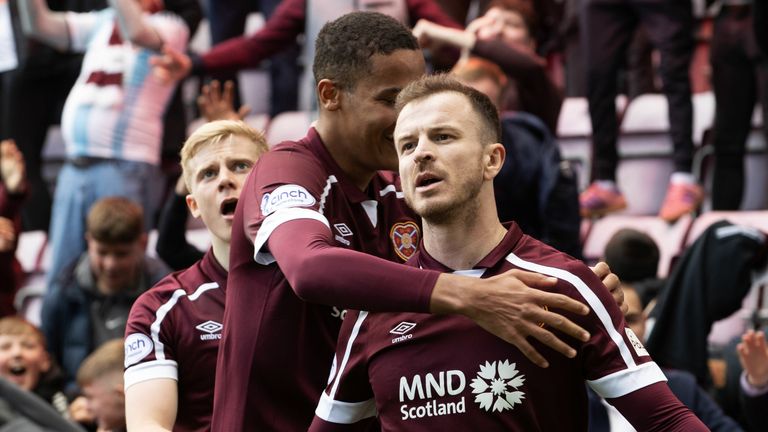Edinburgh, Scotland - APRIL 9: Andy Hallyday celebrates after scoring to make it 1-1 during a Premier League match between Hearts and Hebes at Tynecastle, on April 09, 2023, in Edinburgh, Scotland.  (Photo by Alan Harvey/SNS Group)
