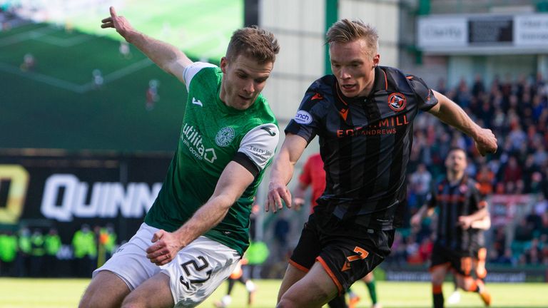 Hibernian & # 39;  s Chris Cadden (L) and Dundee United & #39;  s Ilmari Niskanen compete for the ball