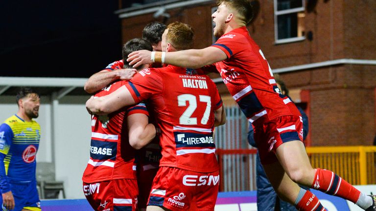 Jimmy Kenhurst celebrates with his team mates Hull North Korea during their win over Warrington Wolves