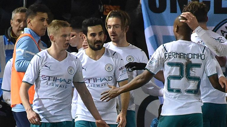 Jack Grealish celebrates his goal with his teammates