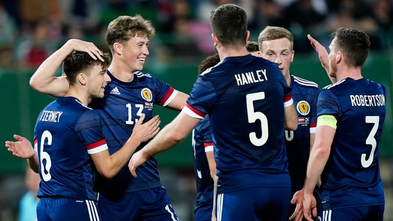 Jack Hendry congratulated for giving Scotland the lead in Austria