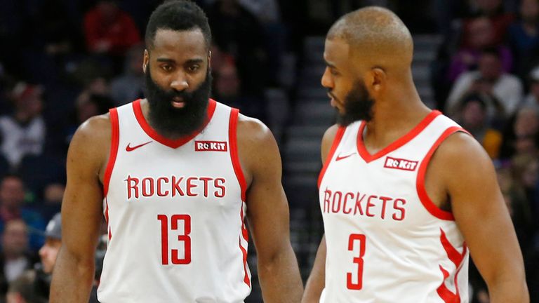 James Harden, left, and Chris Paul consult during the Houston Rockets against the Minnesota Timberwolves in February 2019