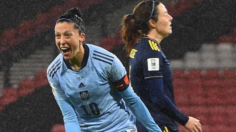 Spain striker Jennifer Hermoso celebrates with her teammates after scoring her team's second goal during the 2023 Women's World Cup Group B qualifier match between Scotland and Spain at Hampden Park in