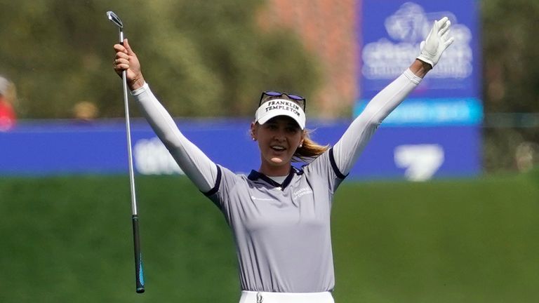 Jessica Korda reacts after making an eagle off the fairway on the third hole during the final round