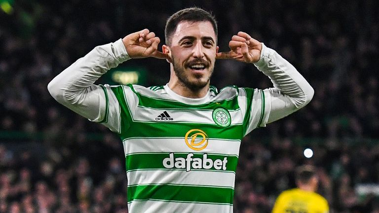 Celtic's Josip Joranovic celebrates after scoring to make it 2-0 during the Cinch Premier League match between Celtic and Hibernian at Celtic Park,