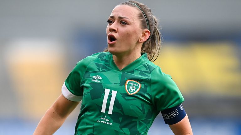 Gothenburg, Sweden - April 12, 2023;  Katie McCabe of the Republic of Ireland celebrates after scoring her team's first goal during the 2023 Women's World Cup qualifier match between Sweden and the Republic of Ireland at Gamla Olivi in ​​Gothenburg, Sweden.  (Photo by Stephen McCarthy/Sportsfile via Getty Images)