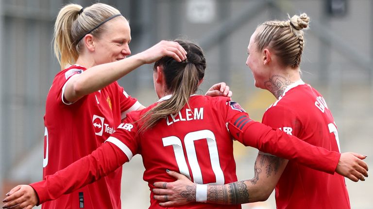 Lee, England - March 5: Manchester United's Katie Zilm celebrated with Diane Caldwell and her teammates after scoring their team's fourth goal straight from a corner kick during the Women's Premier League match between Manchester United and Manchester United.  City women at Lee Sports Village on March 5, 2023 in Lee, England.  (Photo by Clive Brunskill/Getty Images)
