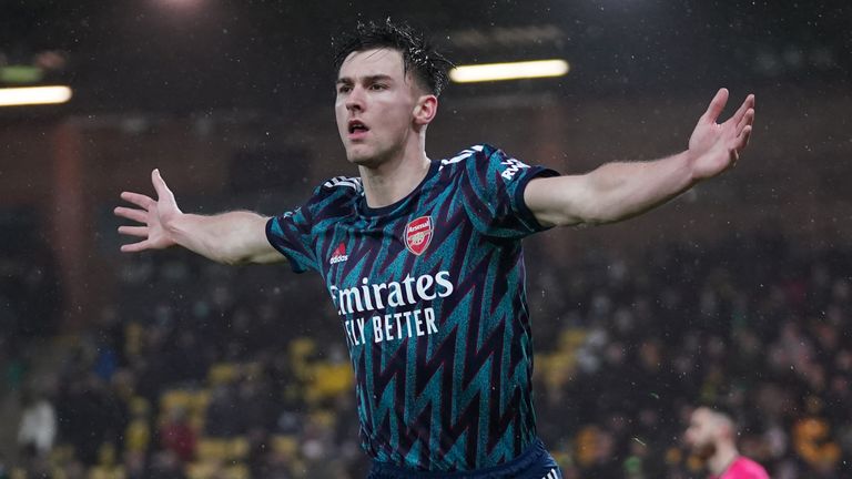 Arsenal Kieran Tierney celebrates scoring his team's second goal of the match