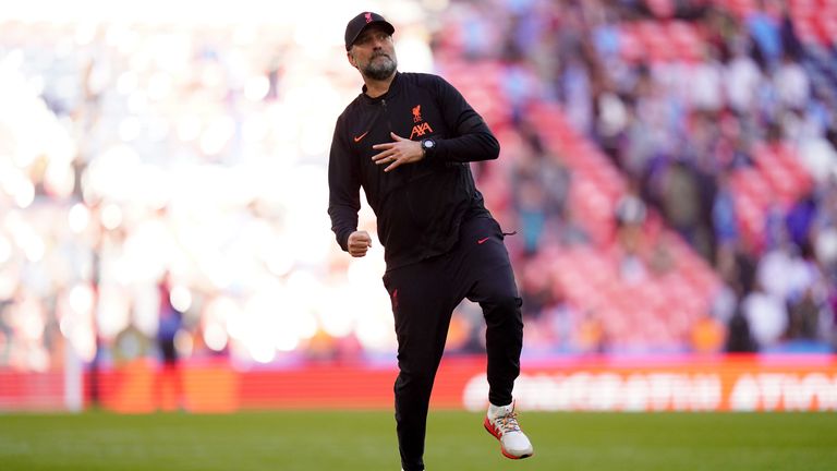 Jurgen Klopp celebrates Liverpool's FA Cup semi-final victory over Manchester City at Wembley Stadium