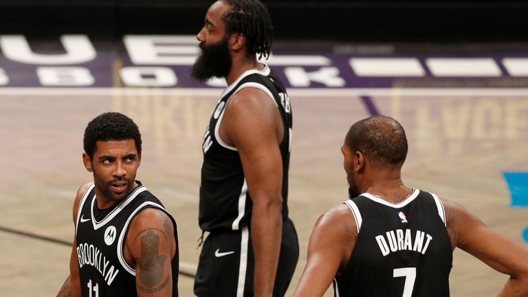 Kyrie Irving, James Harden and Kevin Durant against Barclays Center in January 2023