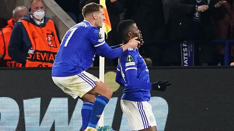 Kelechi Iheanacho celebrates his team's second goal of the evening