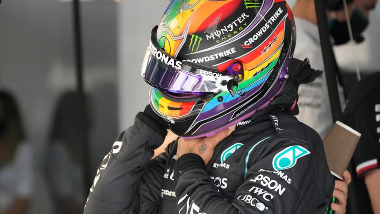 Lewis Hamilton wearing a helmet 