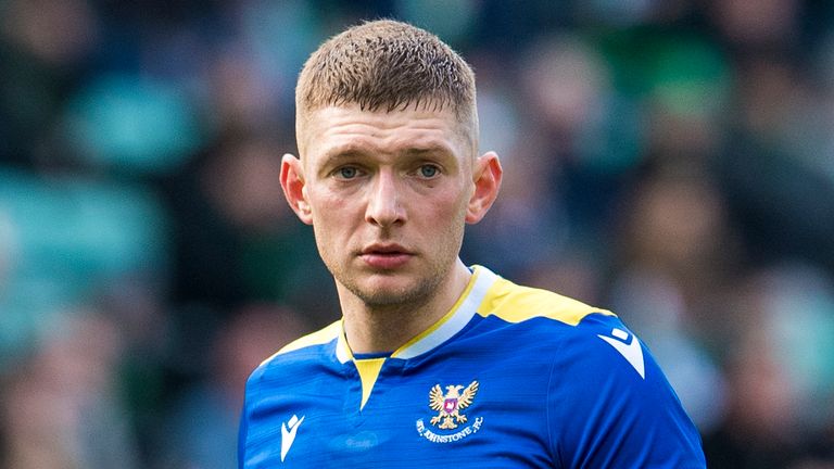 Liam Gordon poses for St. Johnston during a Premier League match between Hibernian and St. Johnston at Easter Road, on March 5, 2023, in Edinburgh, Scotland.  