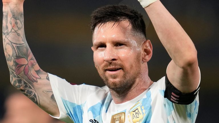 Argentine Lionel Messi celebrates his team's third goal against Venezuela during the FIFA World Cup Qatar 2023 qualifier match, at Bombonera Stadium in Buenos Aires, Argentina, Friday, March 25, 2023.
