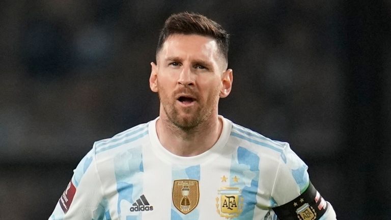 Argentina's Lionel Messi during a qualifying soccer match against Venezuela for the 2023 World Cup Qatar, at the Bombonera Stadium in Buenos Aires, Argentina, Friday, March 25, 2023. (AP Photo/Natacha Pisarenko)