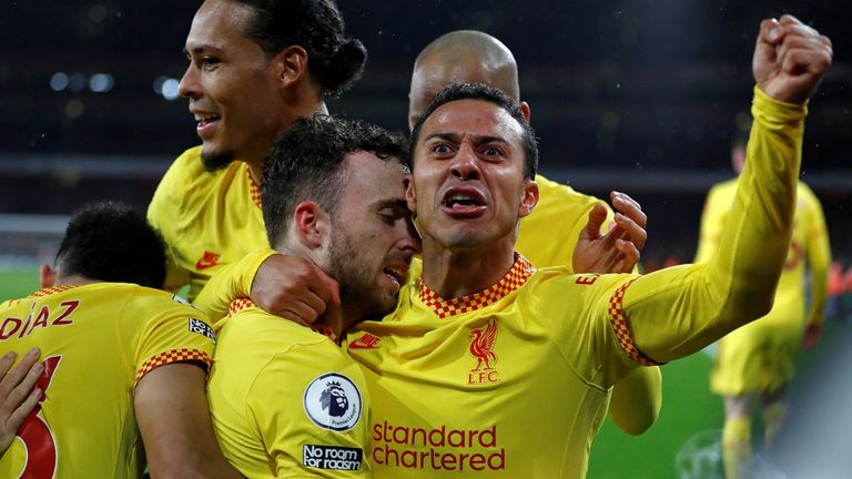 Thiago Alcantara leads the celebrations after Diogo Jota's opening goal in the UAE