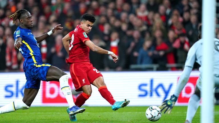 Luis Diaz attempts a shot on goal during the Carabao Cup final at Wembley Stadium, London.  Photo date: Sunday, February 27, 2023.