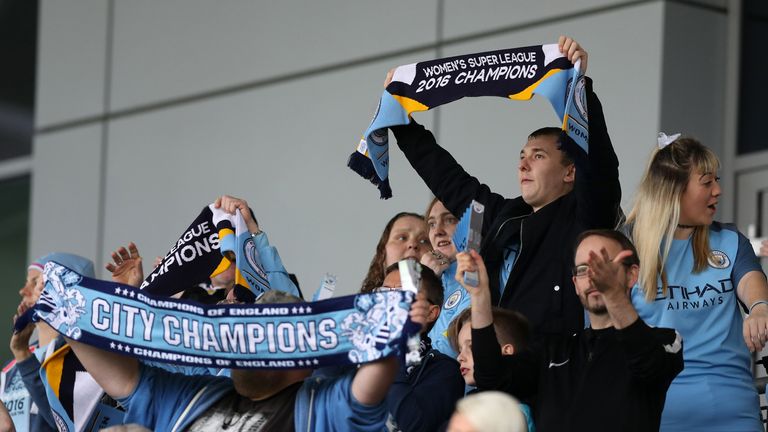 Fans of Manchester City women's team ahead of the Women's Premier League match between Manchester City and Women of Birmingham City at the Academy Stadium (Photo: Lyn Cameron/Sport Image)