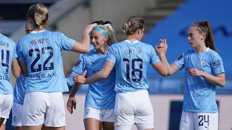 Manchester City manager Chloe Kelly celebrates scoring her team's first goal in the Women's Super League match between Manchester City women's team and Tottenham Hotspur (Image: AP Photo/Dave Thompson)