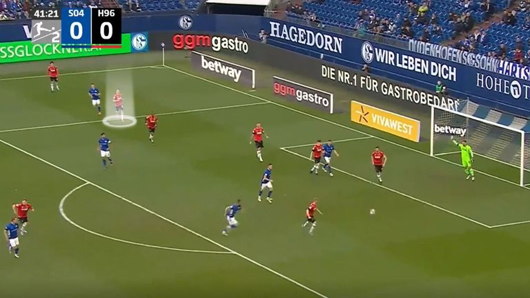 Mark Demers fails to check his head when the ball is on the other side of the field for Hannover v Schalke