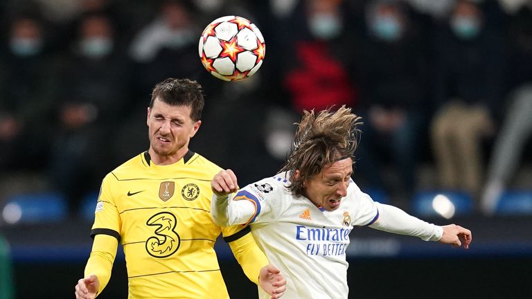 Luka Modric (right) challenges Mason Mount in the Champions League quarter-finals