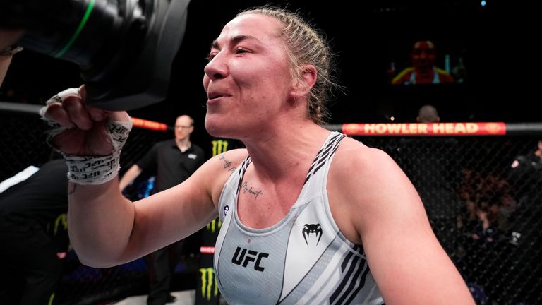 Molly McCann of England knocks out Luana Carolina of Brazil in a women's flyweight fight during the UFC Fight Night event at the O2 Arena on March 19, 2023 in London, England.  (Photo by Chris Unger/Zova LLC.
