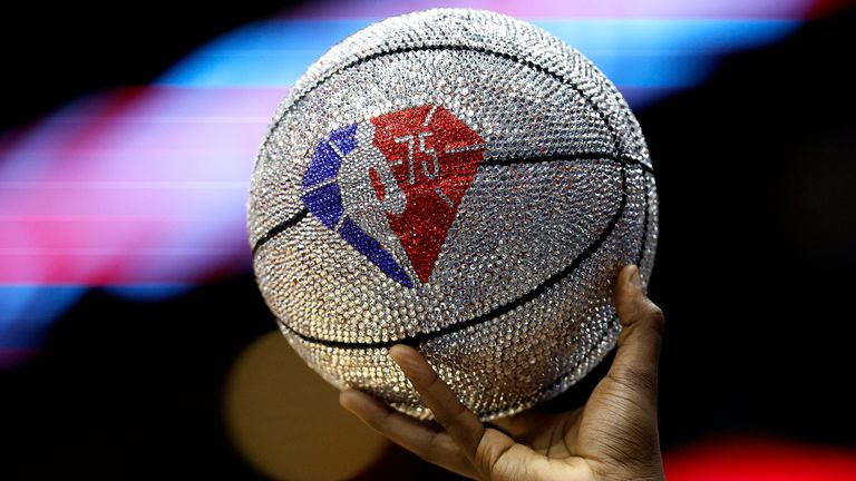 Close-up of the NBA 75 ball during the NBA Play-In Tournament game between the New Orleans Pelicans and the San Antonio Spurs at Smoothie King Center