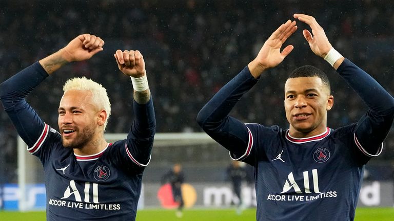 Paris Saint-Germain team Kylian Mbappe, right, and Neymar celebrate Paris Saint-Germain after the round of 16 of the Champions League, first leg, football match Paris Saint-Germain against Real Madrid at the Parc des Princes stadium in Paris, Tuesday, February 15, 2023 . 