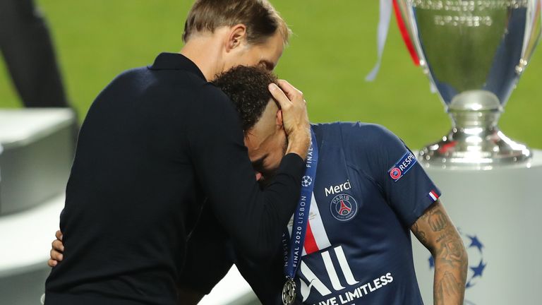 Thomas Tuchel hugs Neymar after the match
