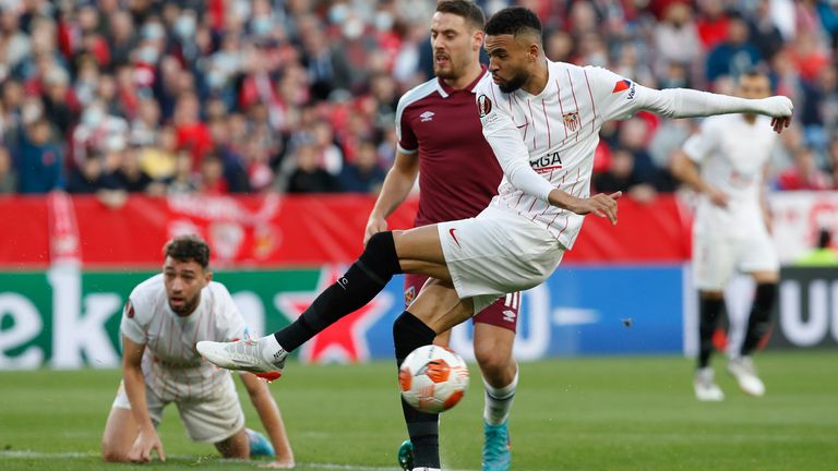 West Ham player Nikola Vlasic and Youssef Al-Nusayri vie for the ball (AP)