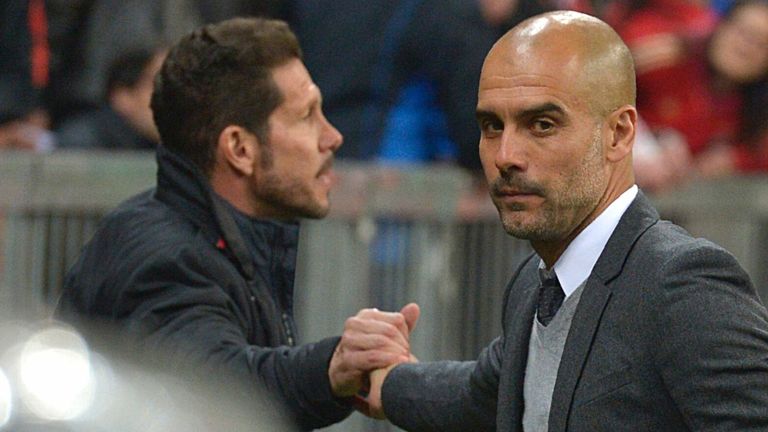 Pep Guardiola, Bayern Munich coach, and Diego Simeone after the 2016 Champions League semi-finals