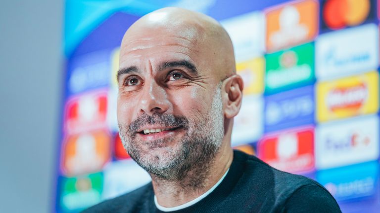 MANCHESTER, ENGLAND - FEBRUARY 14: Pep Guardiola speaks to the press ahead of their clash against Sporting Lisbon at the Manchester City Football Academy on February 14, 2023 in Manchester, England. (Photo by Tom Flathers/Manchester City FC via Getty Images)