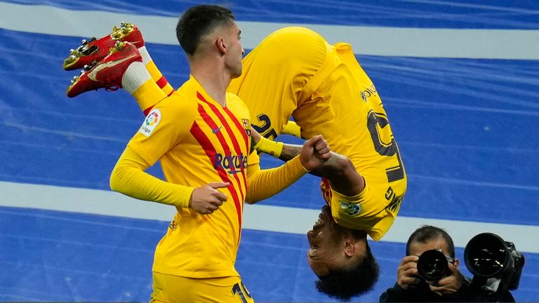 Pierre-Emerick Aubameyang celebrates after giving Barcelona the lead at Real Madrid