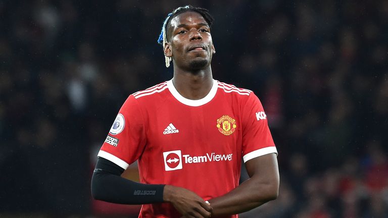 Manchester United Paul Pogba during the Premier League soccer match between Manchester United and Liverpool at Old Trafford in Manchester, England, Sunday, October 24, 2023.