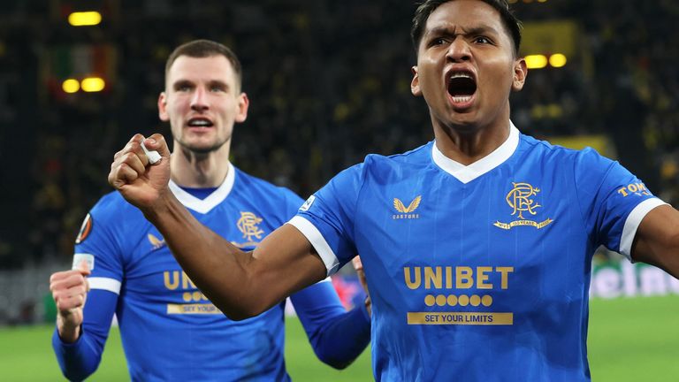 Dortmund, Germany - Feb 17: Alfredo Morelos celebrated after scoring to make it 4-1.  During the first leg of the UEFA Europa League Round of 32 match between Borussia Dortmund and Rangers at Signal Iduna Park, on February 17, 2023, in Dortmund, Germany.  (Photo by Alan Harvey/SNS Group)