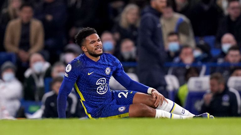 Chelsea's Reece James was injured in the first half against Brighton 