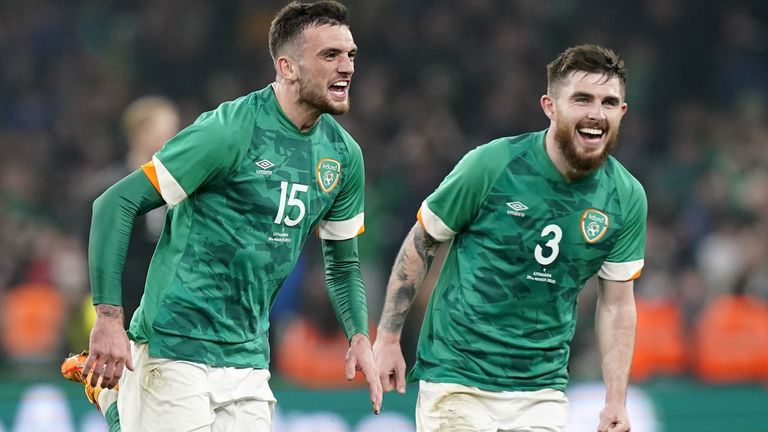 Troy Parrott (left) celebrates the late winner of the Republic of Ireland