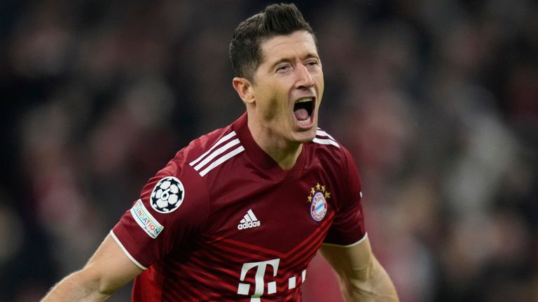Robert Lewandowski celebrates after scoring the opening goal for Bayern Munich against Villarreal