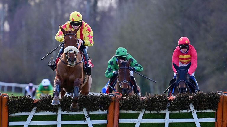 The Royal Kahala races clear at the Galmoy Hurdle, with Klassical Dream (red hood) leaving fourth place
