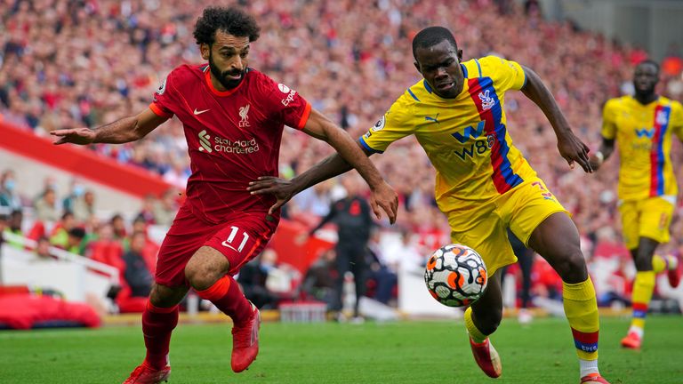 Crystal Palace's Terek Mitchell defends against Mohamed Salah from Liverpool 
