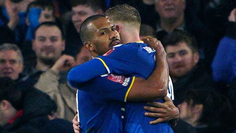 Everton Salomon Rondon celebrates scoring his second goal against Boreham Wood