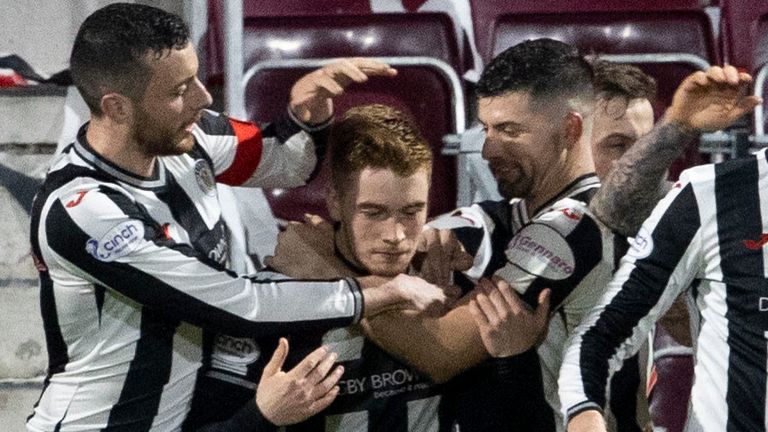 Saint Mirren Connor Ronan celebrates with his teammates after his 2-2 win 