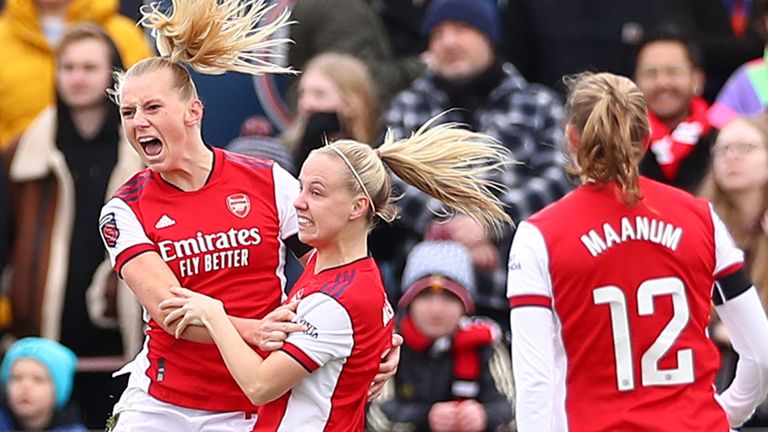 Arsenal&#39;s Stina Blackstenius celebrates scoring their equaliser