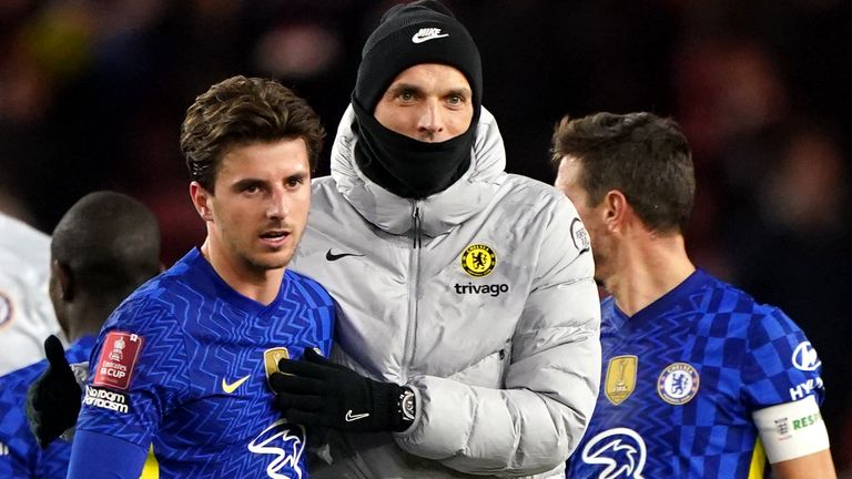 Chelsea's Mason Mount (left) and coach Thomas Tuchel after the Emirates FA Cup quarter-final match at Riverside Stadium in Middlesbrough.  Picture date: Saturday, March 19, 2023.