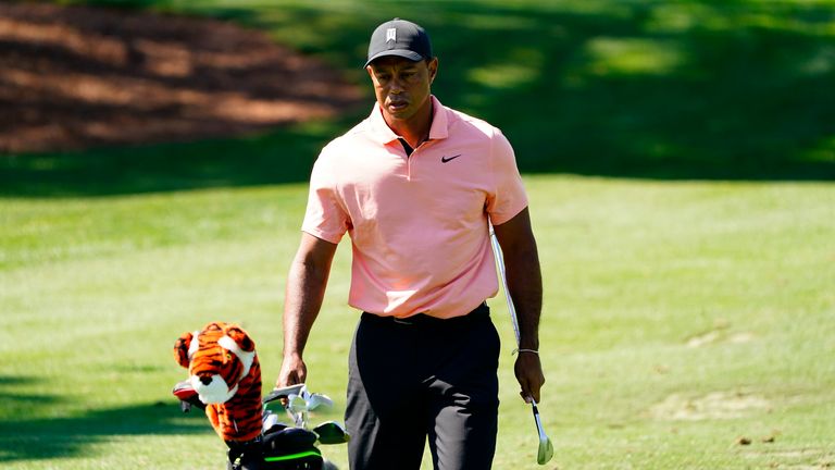 Tiger Woods practices at Augusta National on Sunday before The Masters