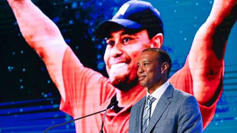 Tiger Woods gives his speech as the 15-time main winner is inducted into the World Golf Hall of Fame