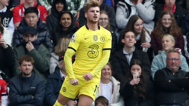Timo Werner celebrates Chelsea's third goal against Southampton