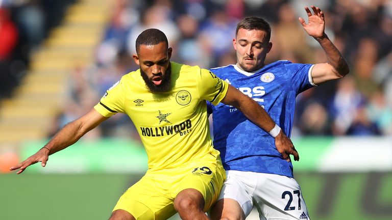 Leicester City's Timothy Castaney battles for possession with Brian Mbiomo from Brentford